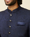 alt message - Manyavar Men Dark Blue Medallion Patterned Achkan Style Sherwani Set image number 1